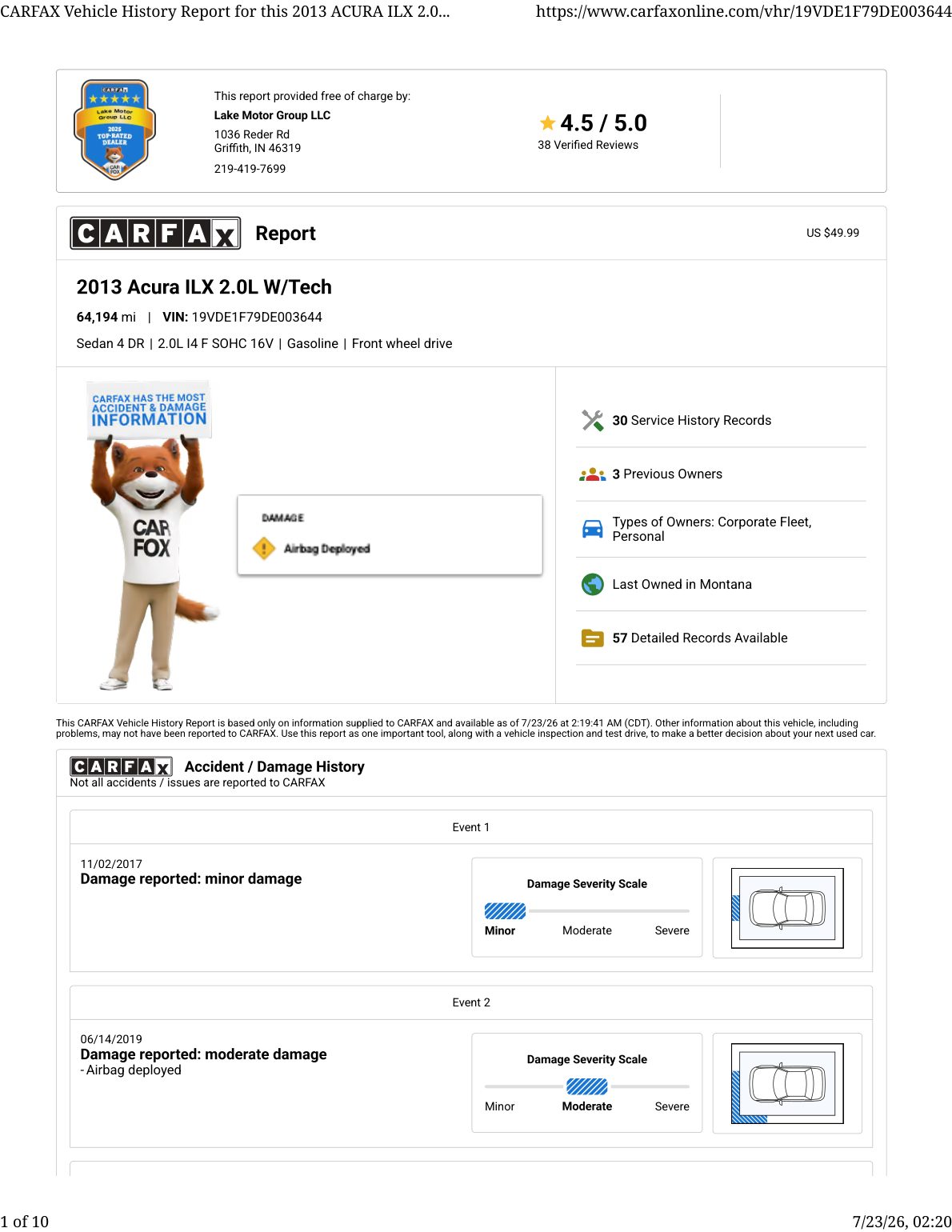 CARFAX vehicle history report — first page