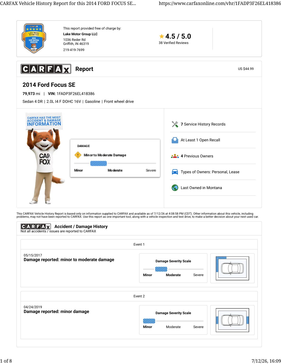 CARFAX vehicle history report — first page