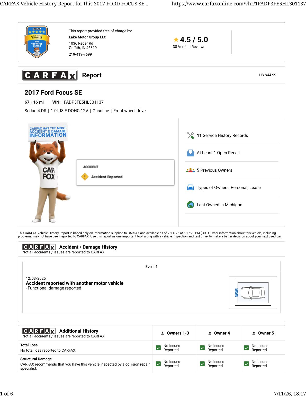 CARFAX vehicle history report — first page