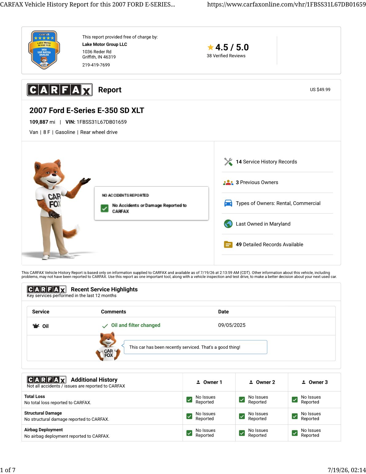 CARFAX vehicle history report — first page