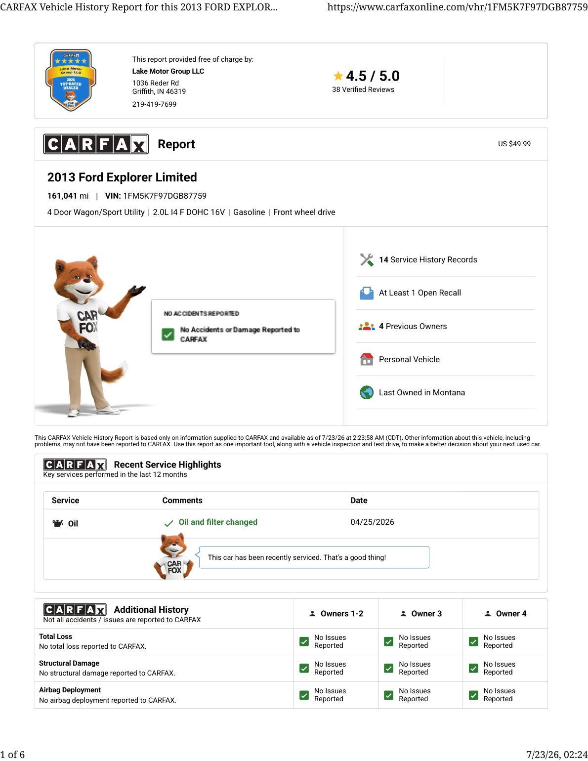 CARFAX vehicle history report — first page