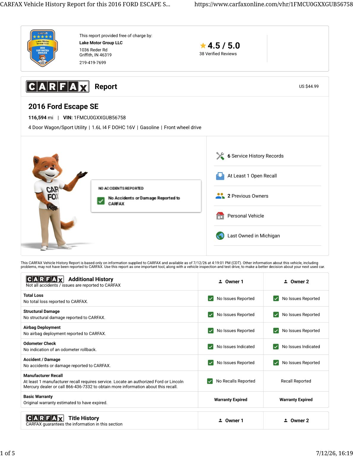 CARFAX vehicle history report — first page