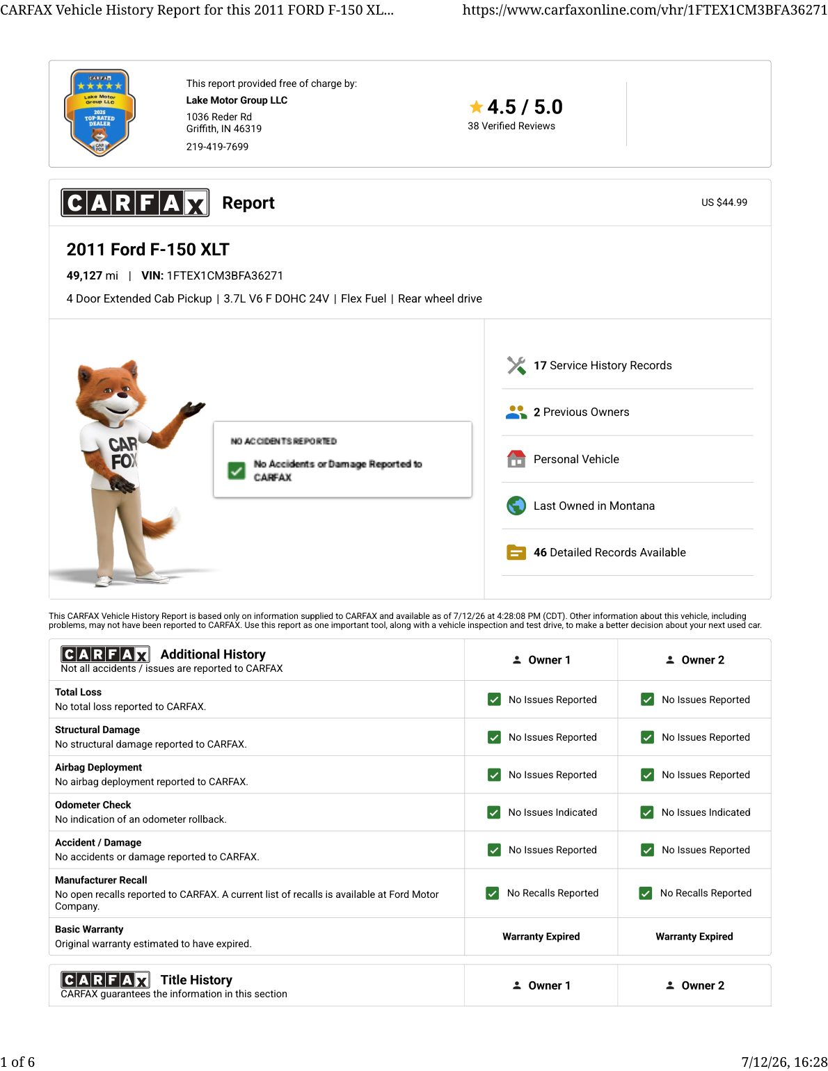 CARFAX vehicle history report — first page