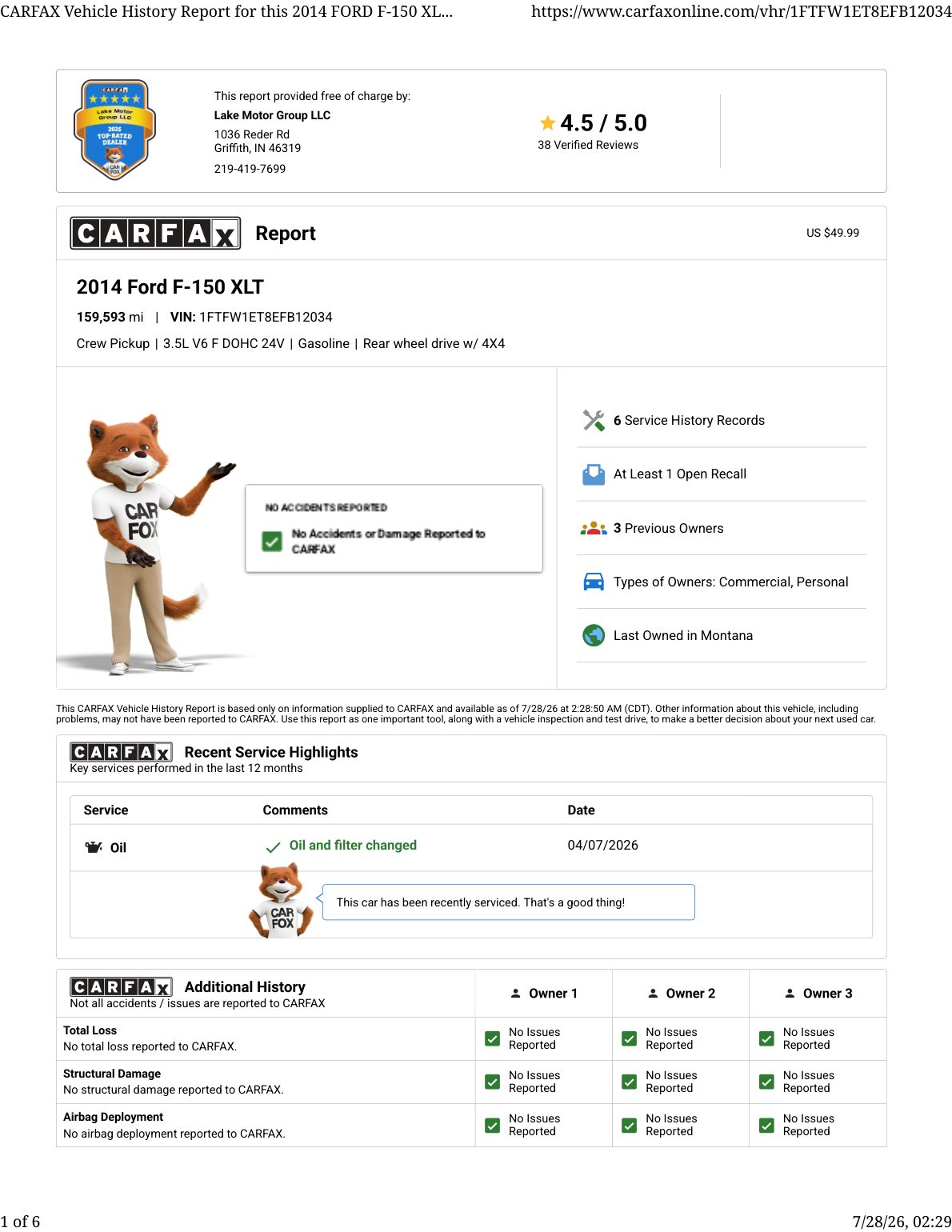 CARFAX vehicle history report — first page