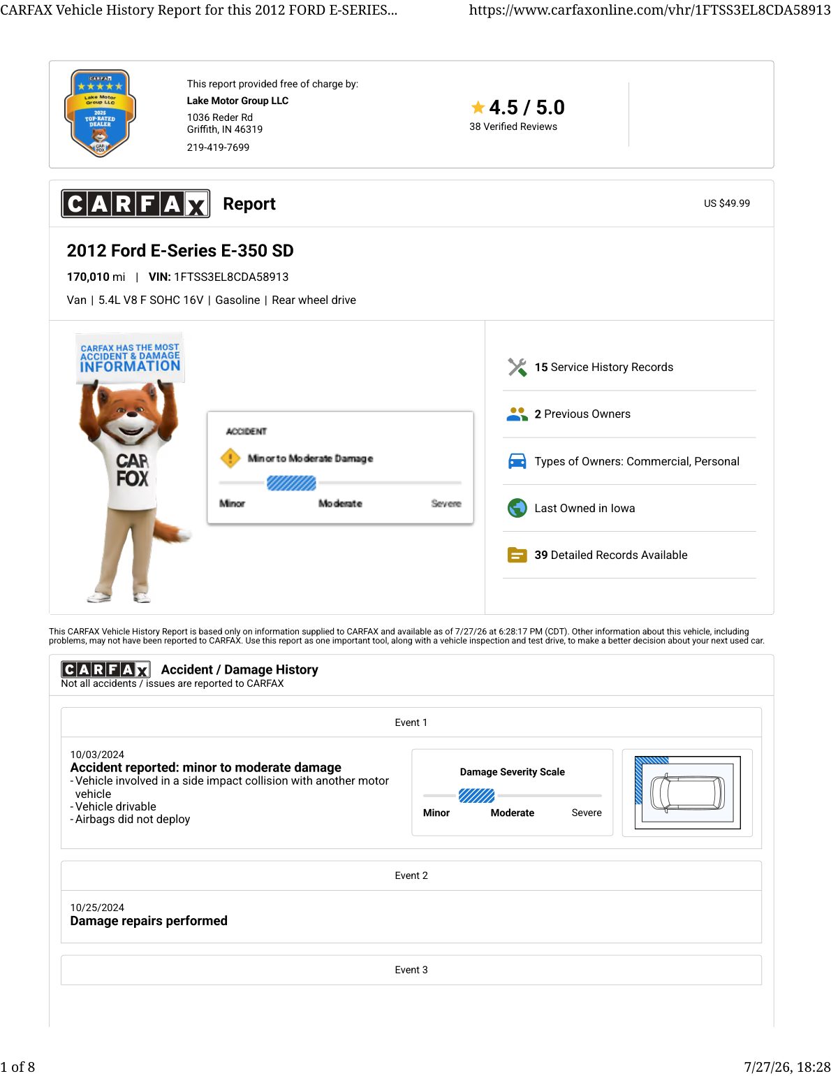 CARFAX vehicle history report — first page