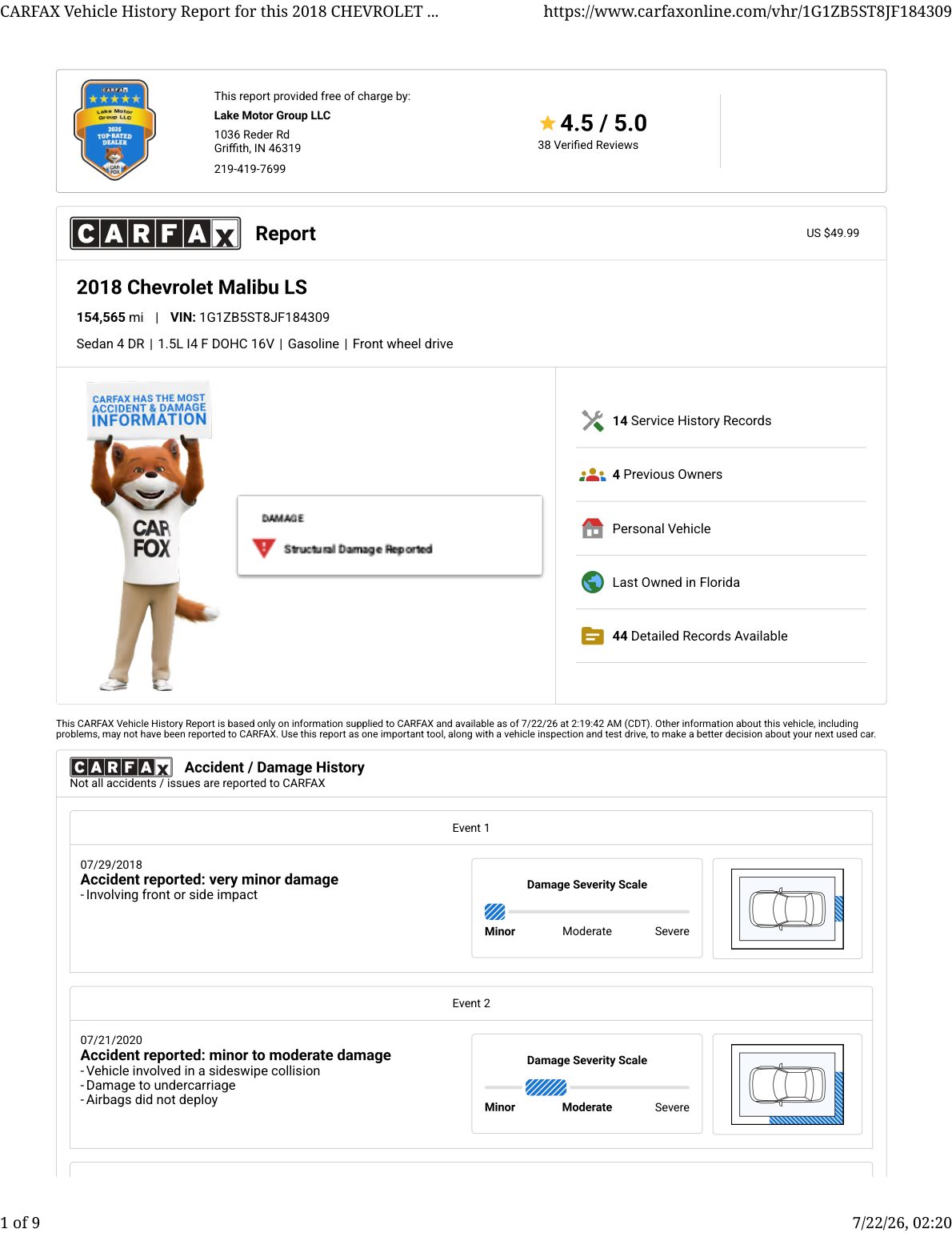 CARFAX vehicle history report — first page