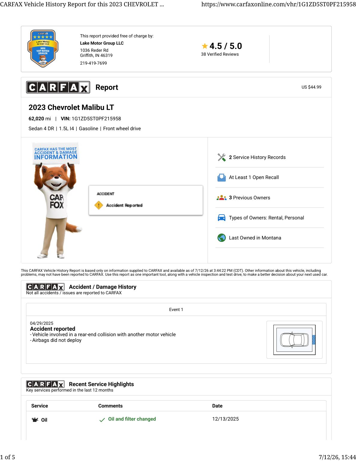 CARFAX vehicle history report — first page