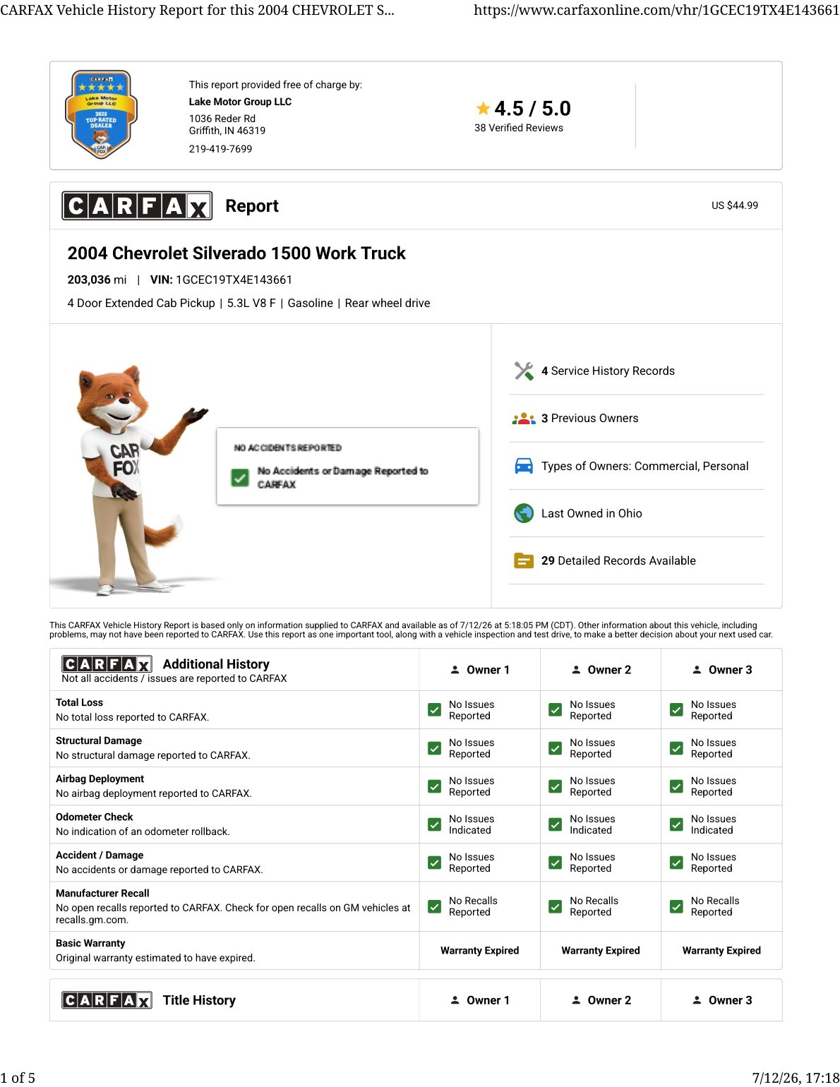 CARFAX vehicle history report — first page