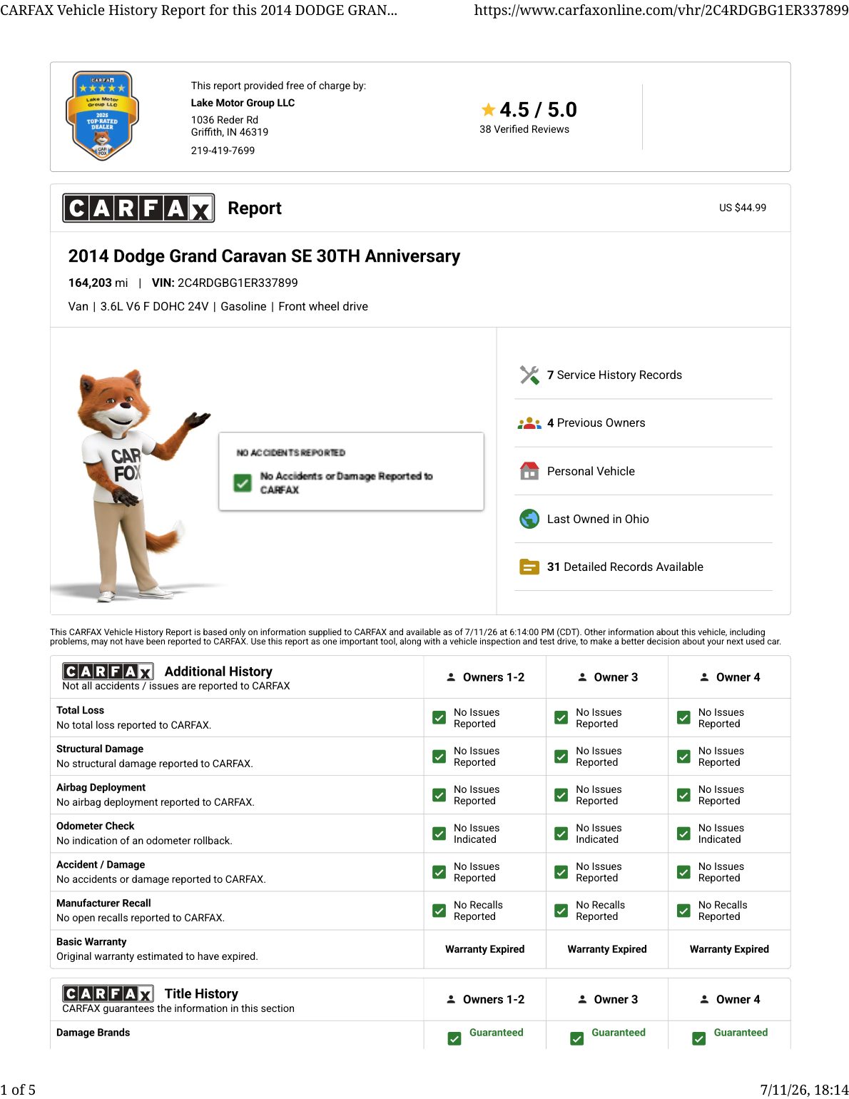 CARFAX vehicle history report — first page