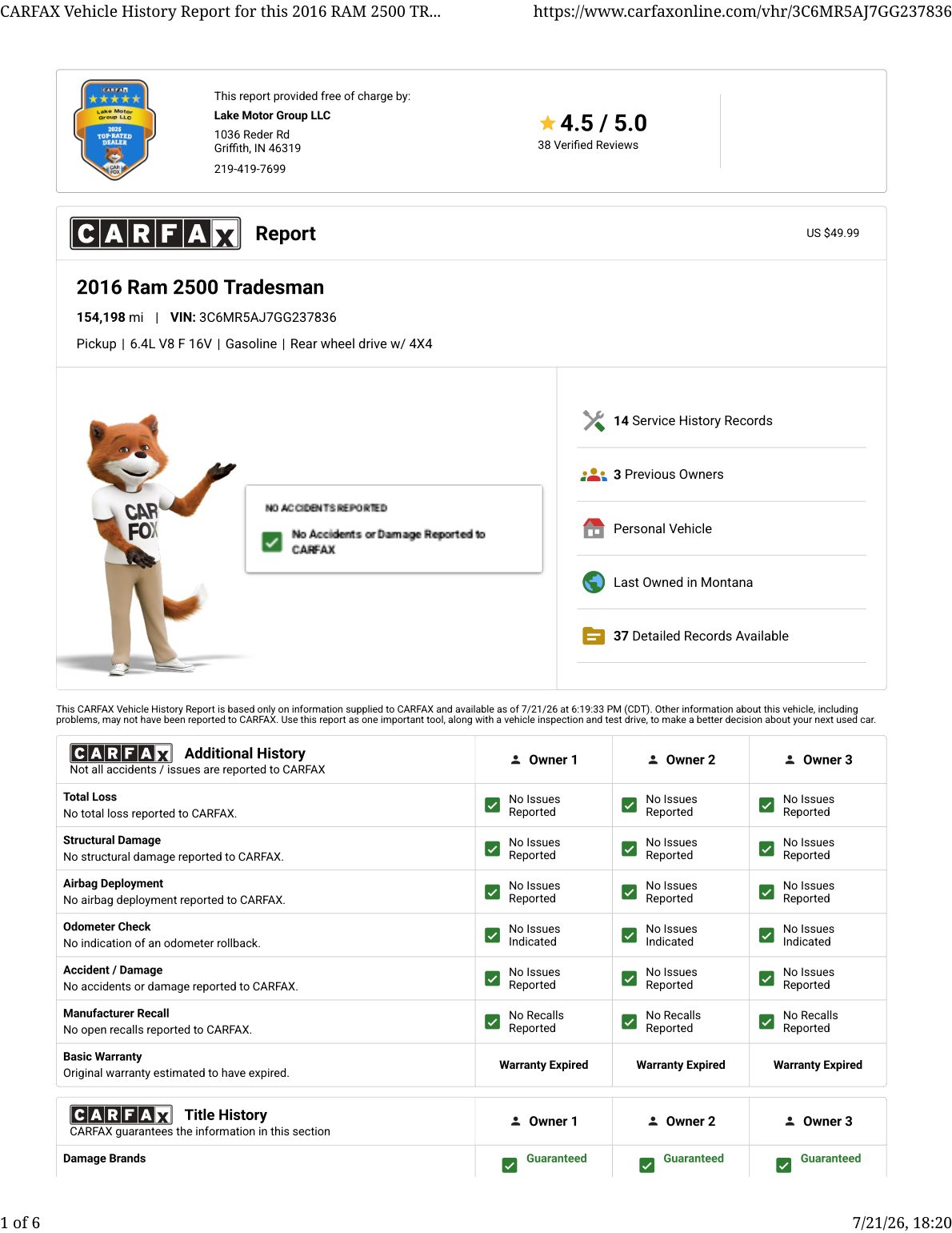 CARFAX vehicle history report — first page