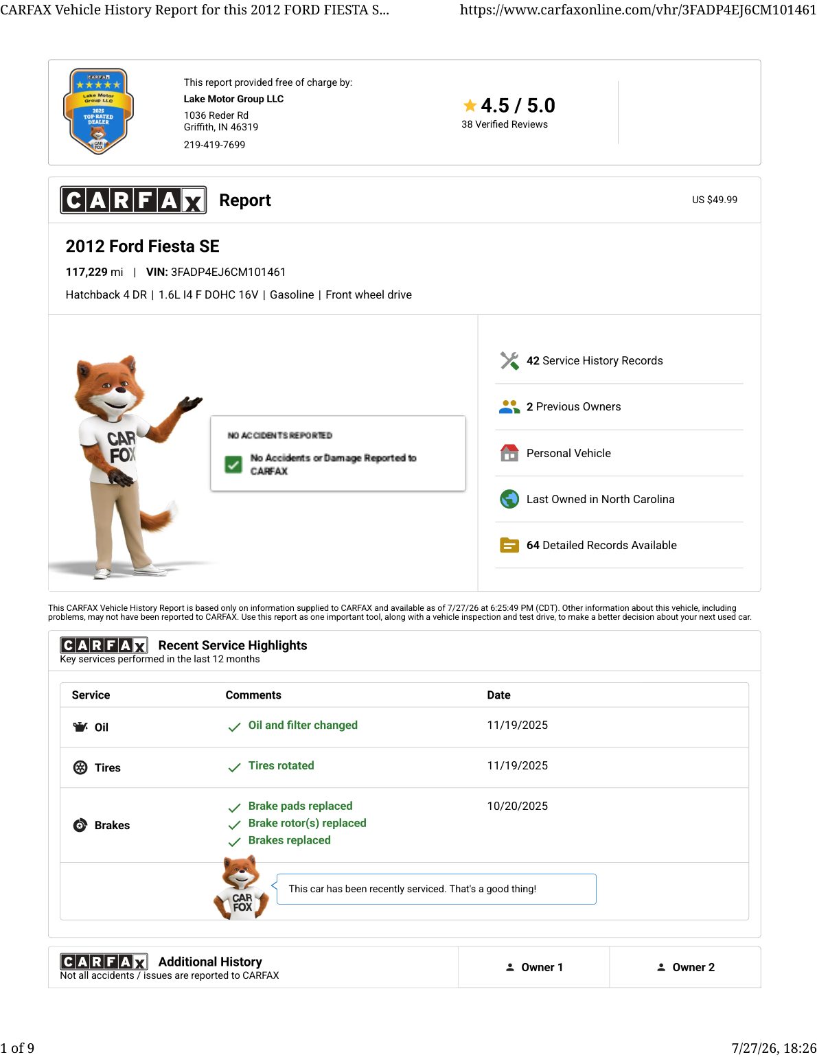 CARFAX vehicle history report — first page