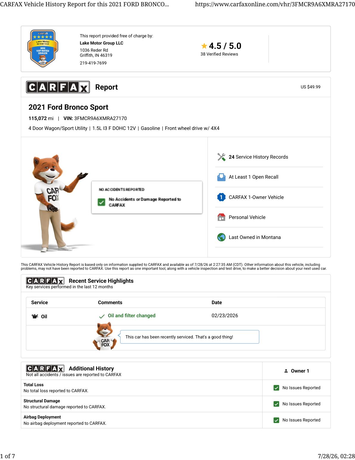 CARFAX vehicle history report — first page