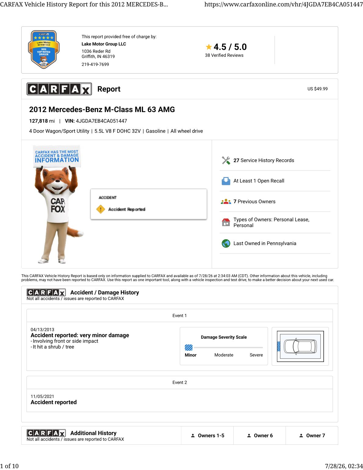 CARFAX vehicle history report — first page
