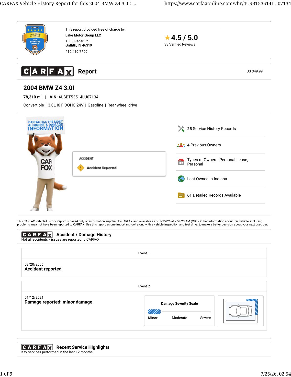 CARFAX vehicle history report — first page