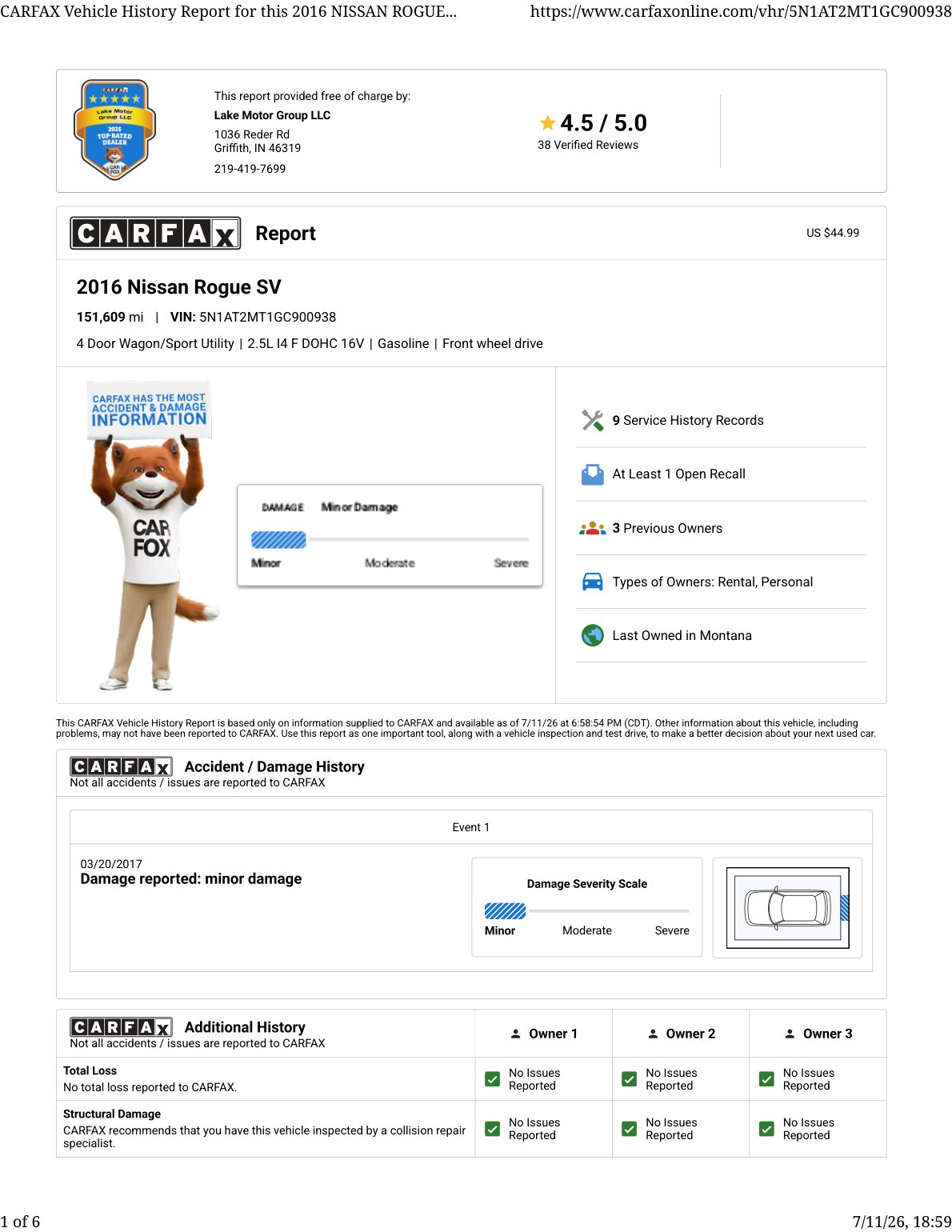 CARFAX vehicle history report — first page