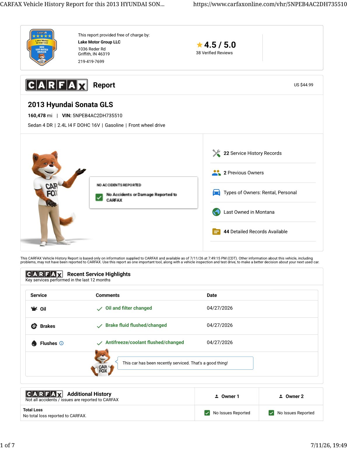 CARFAX vehicle history report — first page