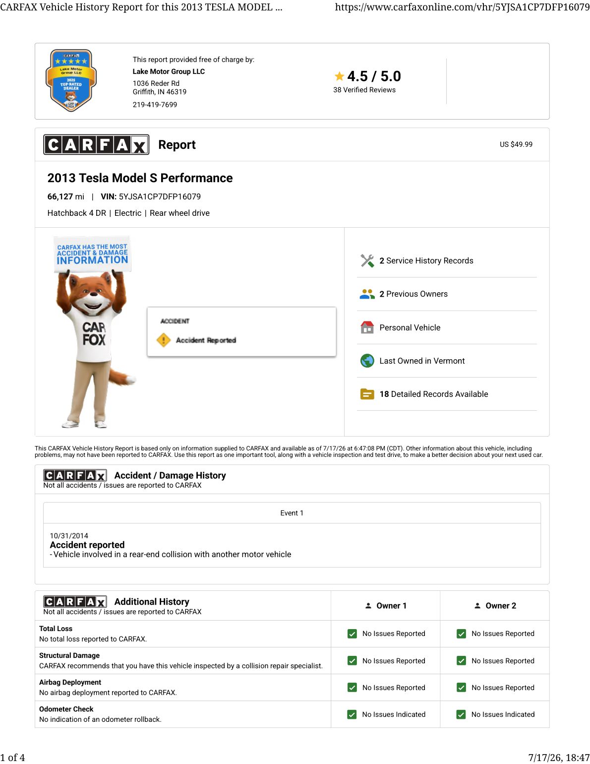 CARFAX vehicle history report — first page