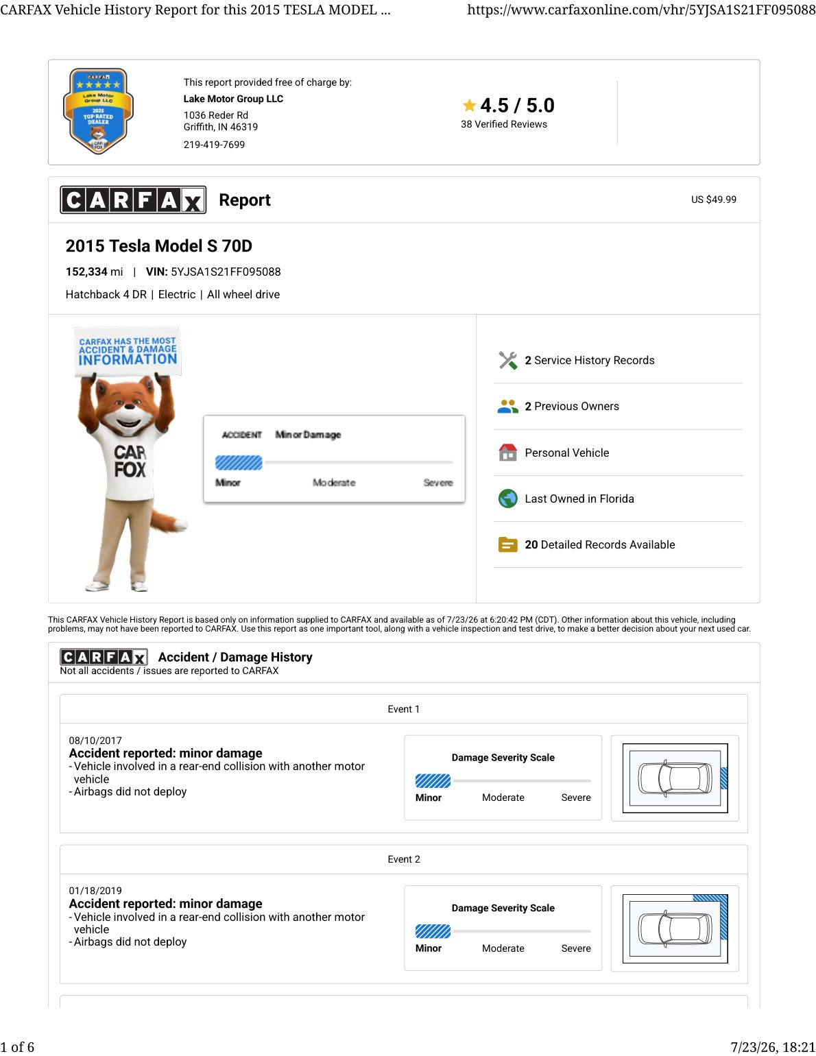CARFAX vehicle history report — first page