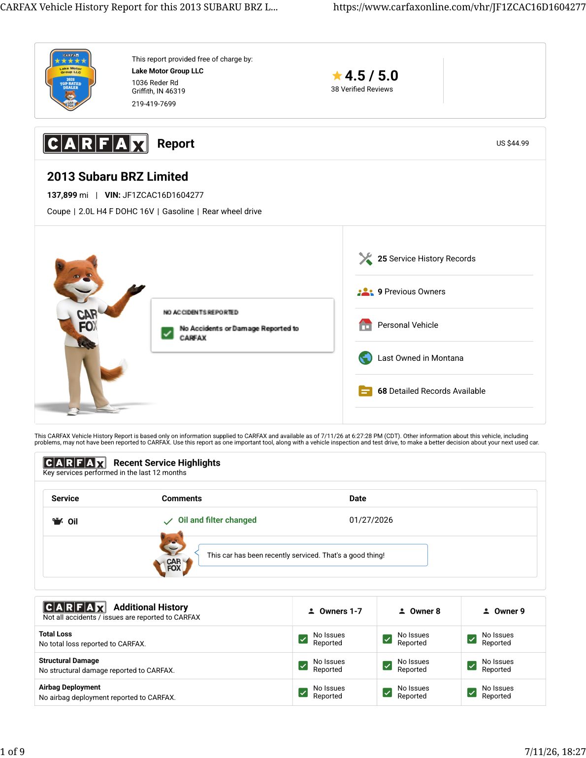 CARFAX vehicle history report — first page