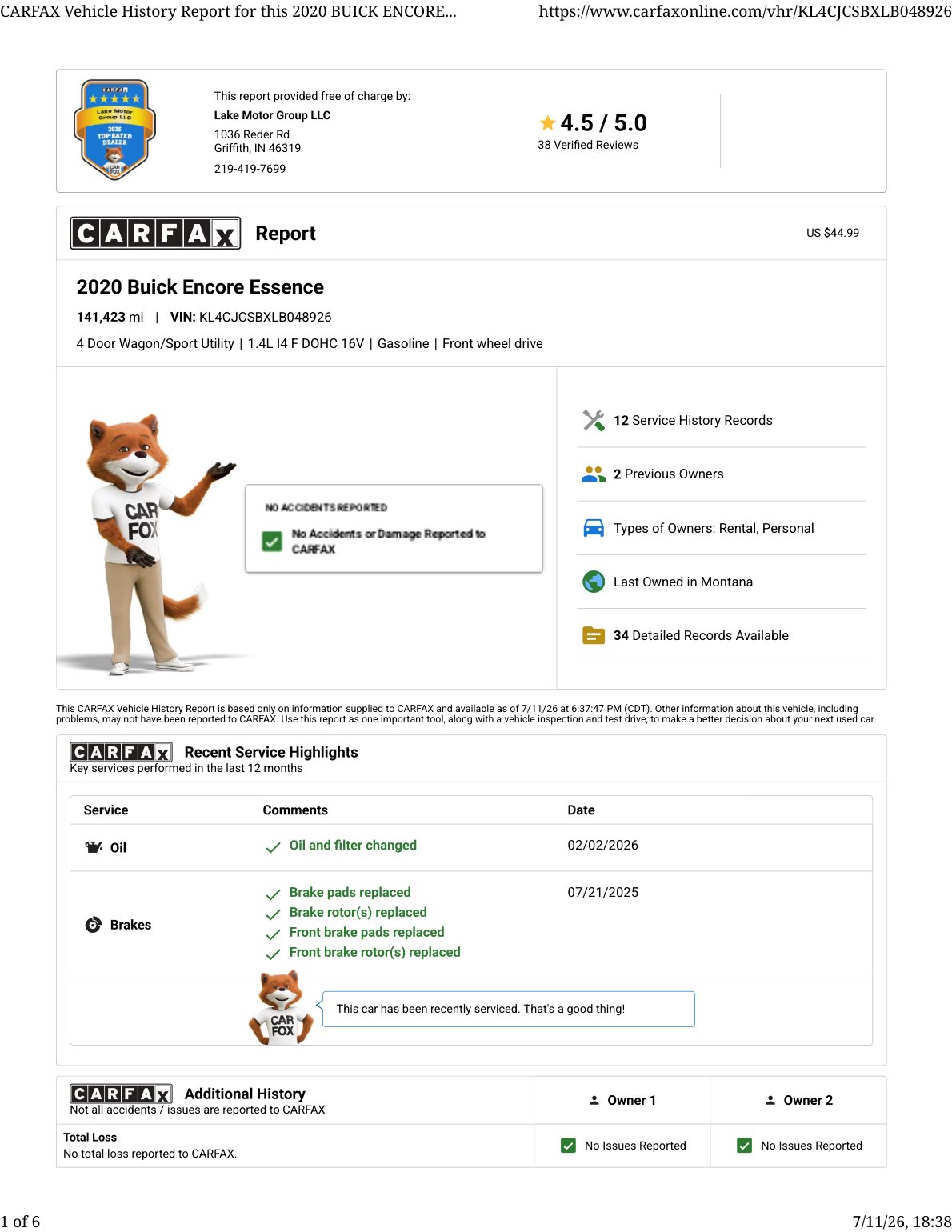 CARFAX vehicle history report — first page