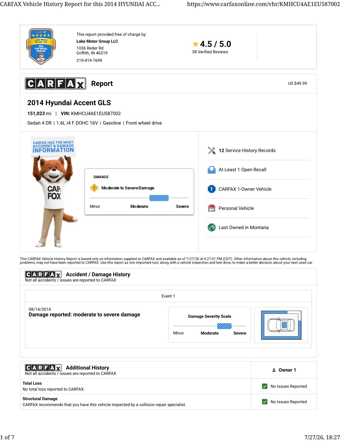 CARFAX vehicle history report — first page