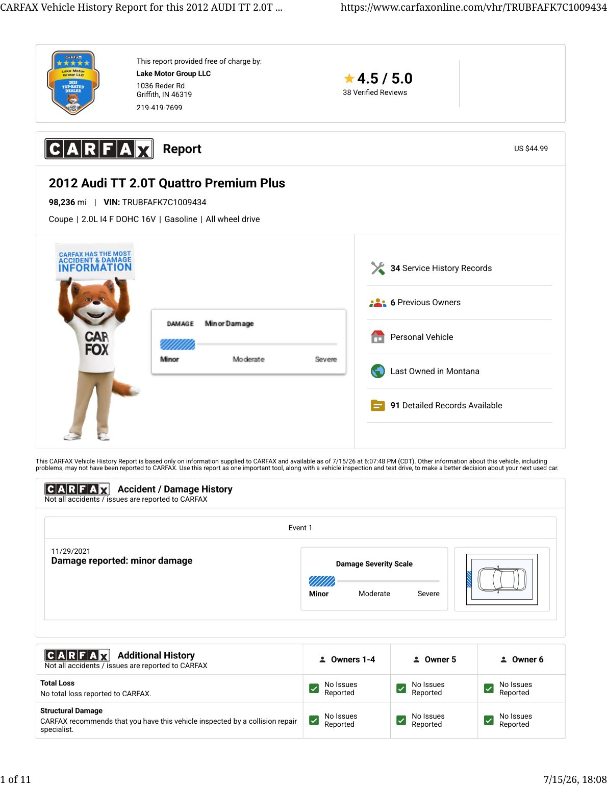 CARFAX vehicle history report — first page