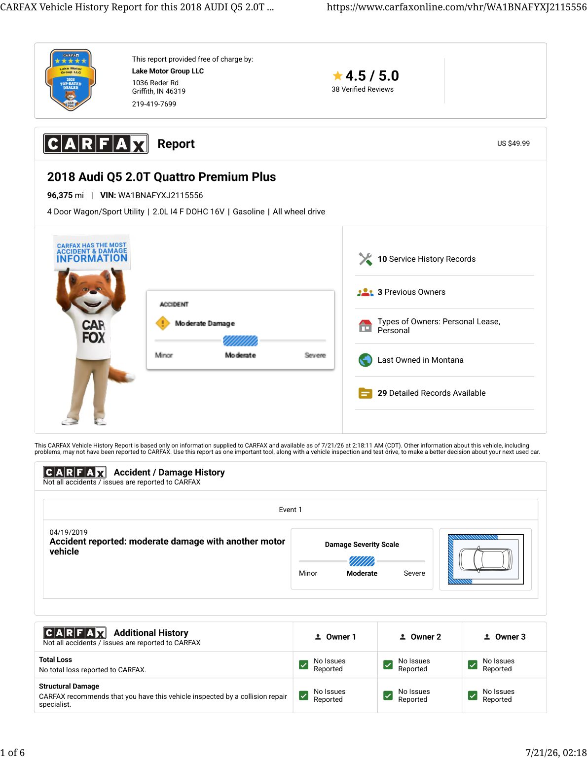 CARFAX vehicle history report — first page