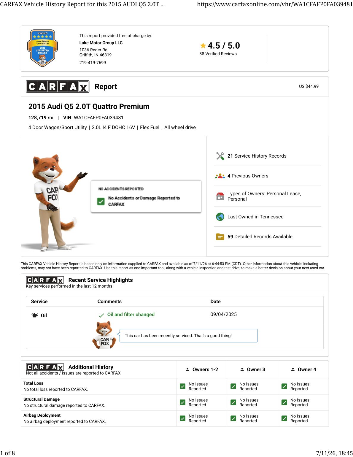 CARFAX vehicle history report — first page
