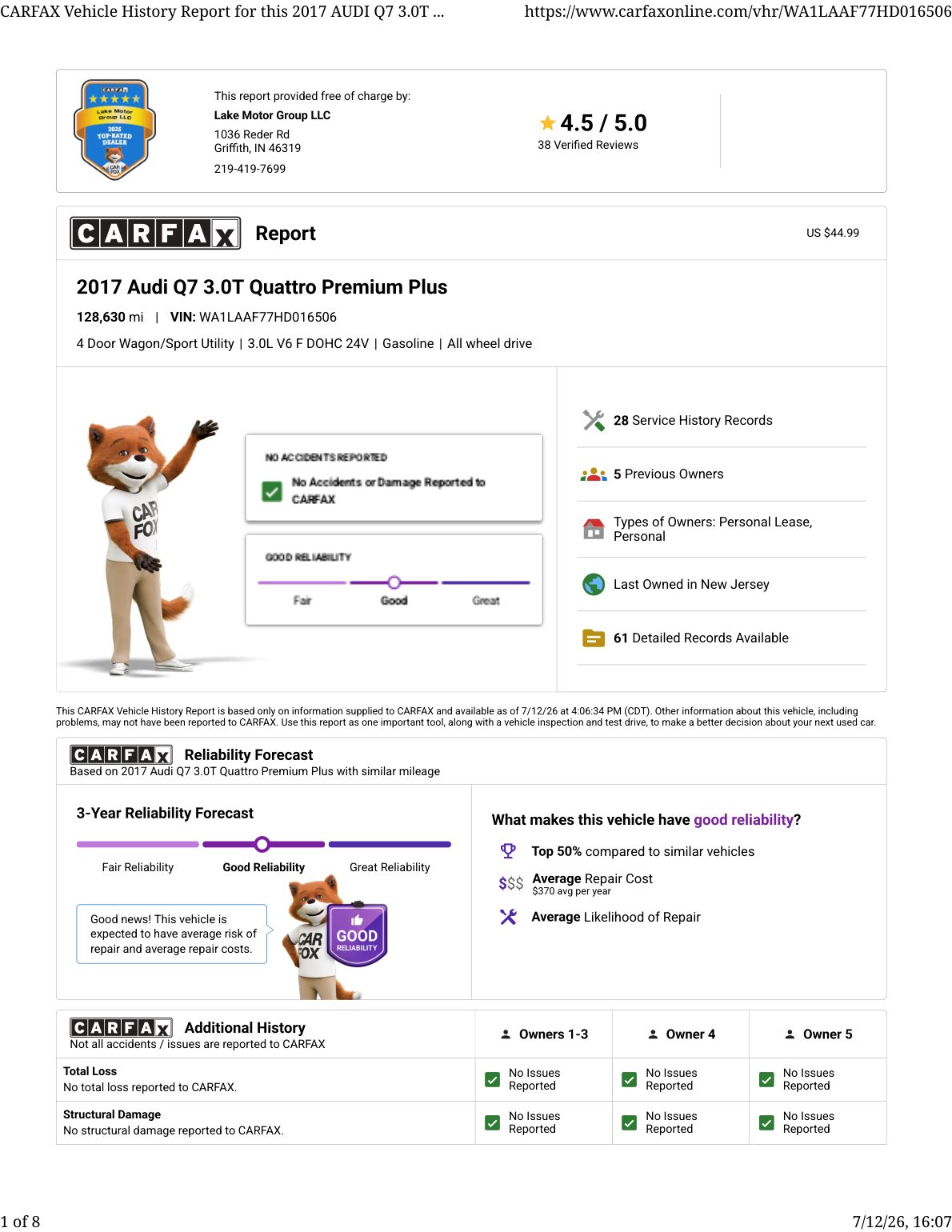 CARFAX vehicle history report — first page