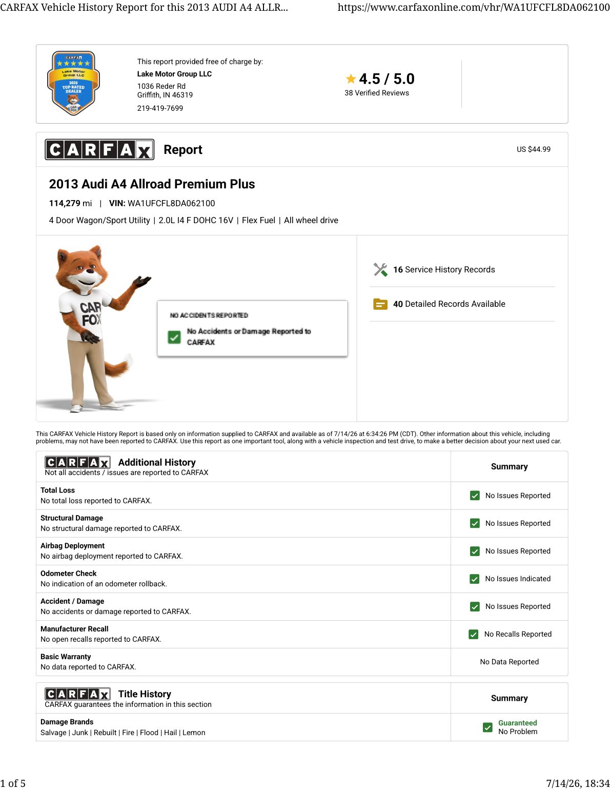 CARFAX vehicle history report — first page