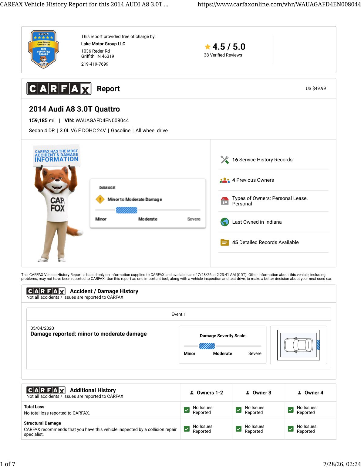 CARFAX vehicle history report — first page