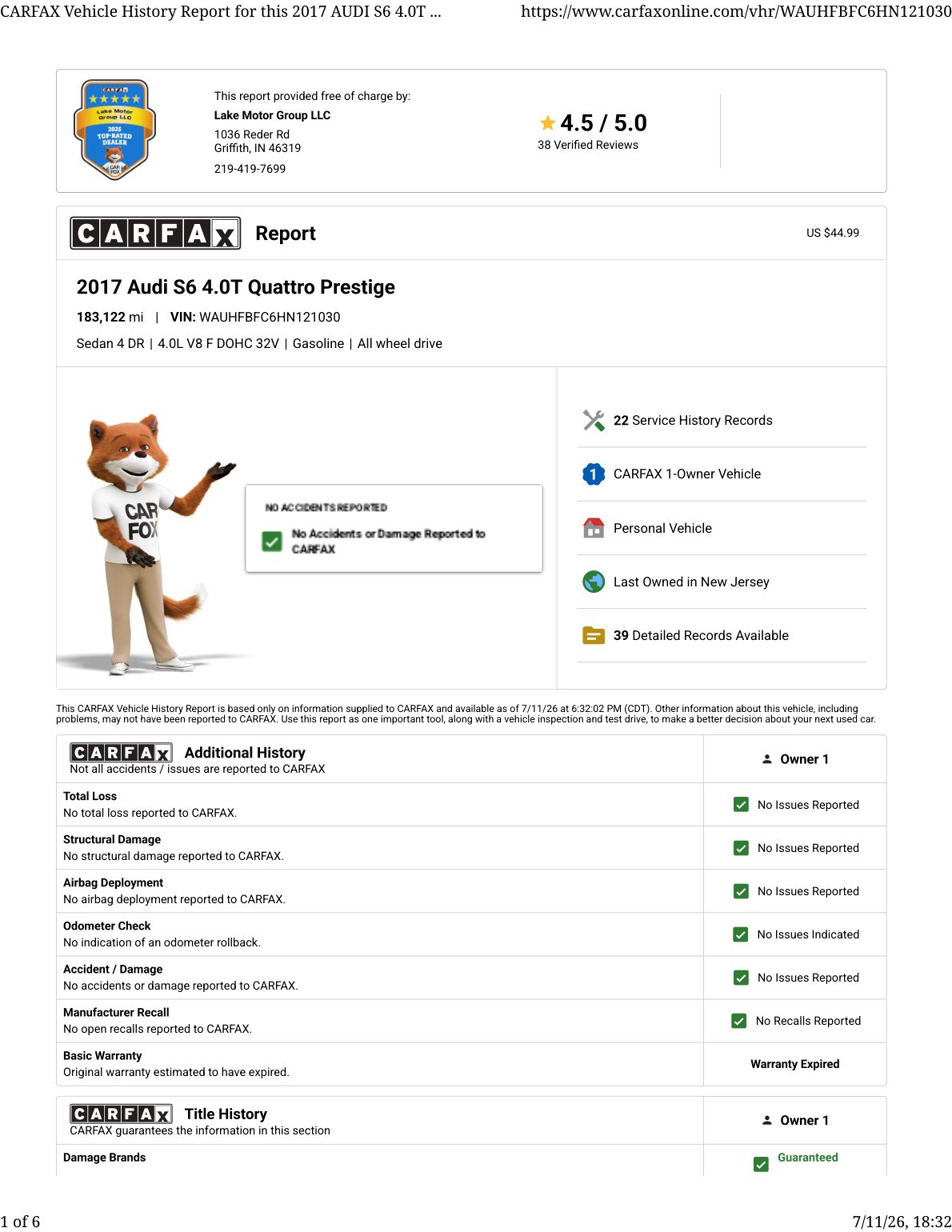 CARFAX vehicle history report — first page