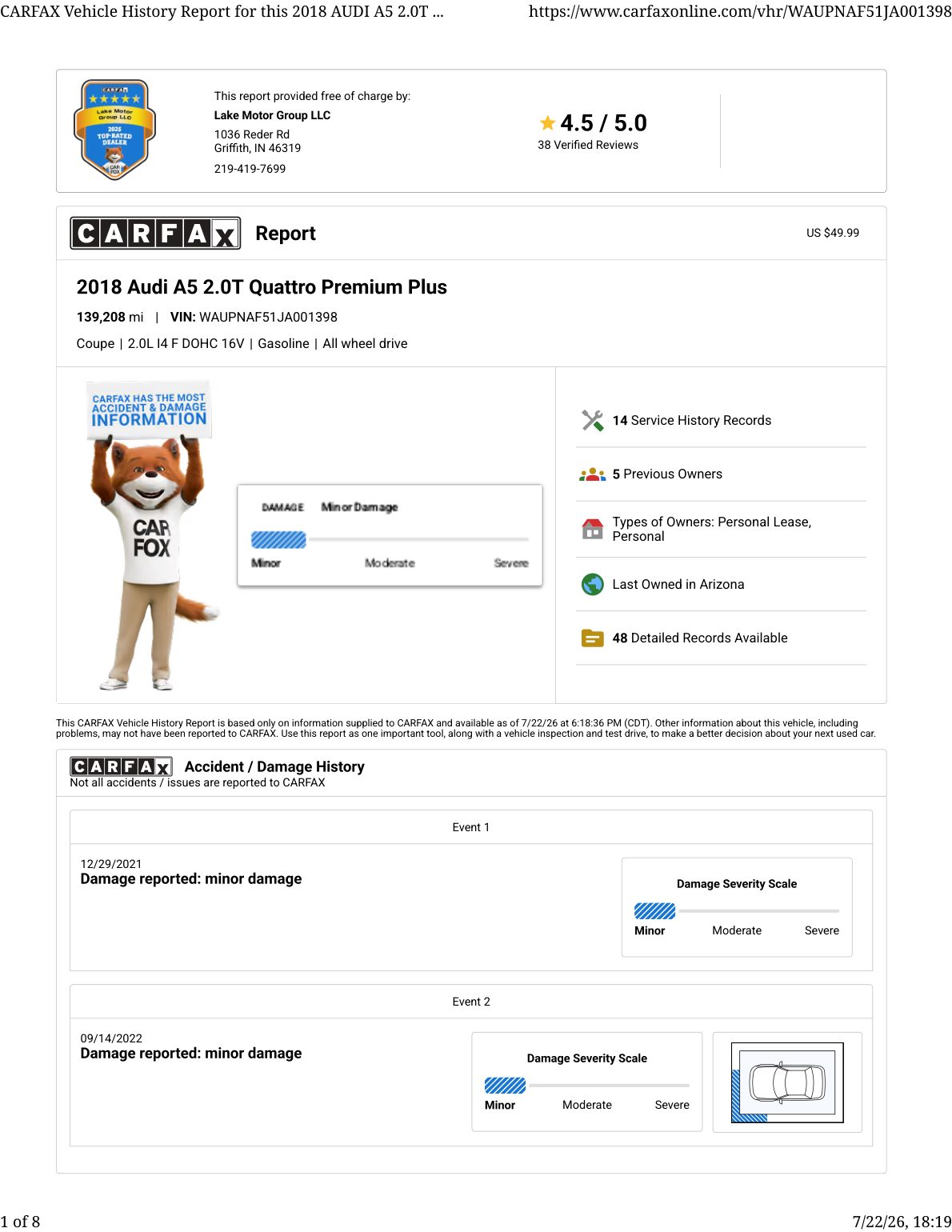 CARFAX vehicle history report — first page