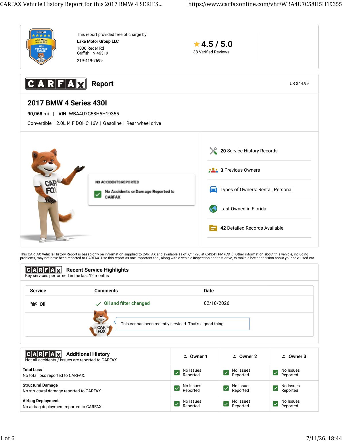 CARFAX vehicle history report — first page