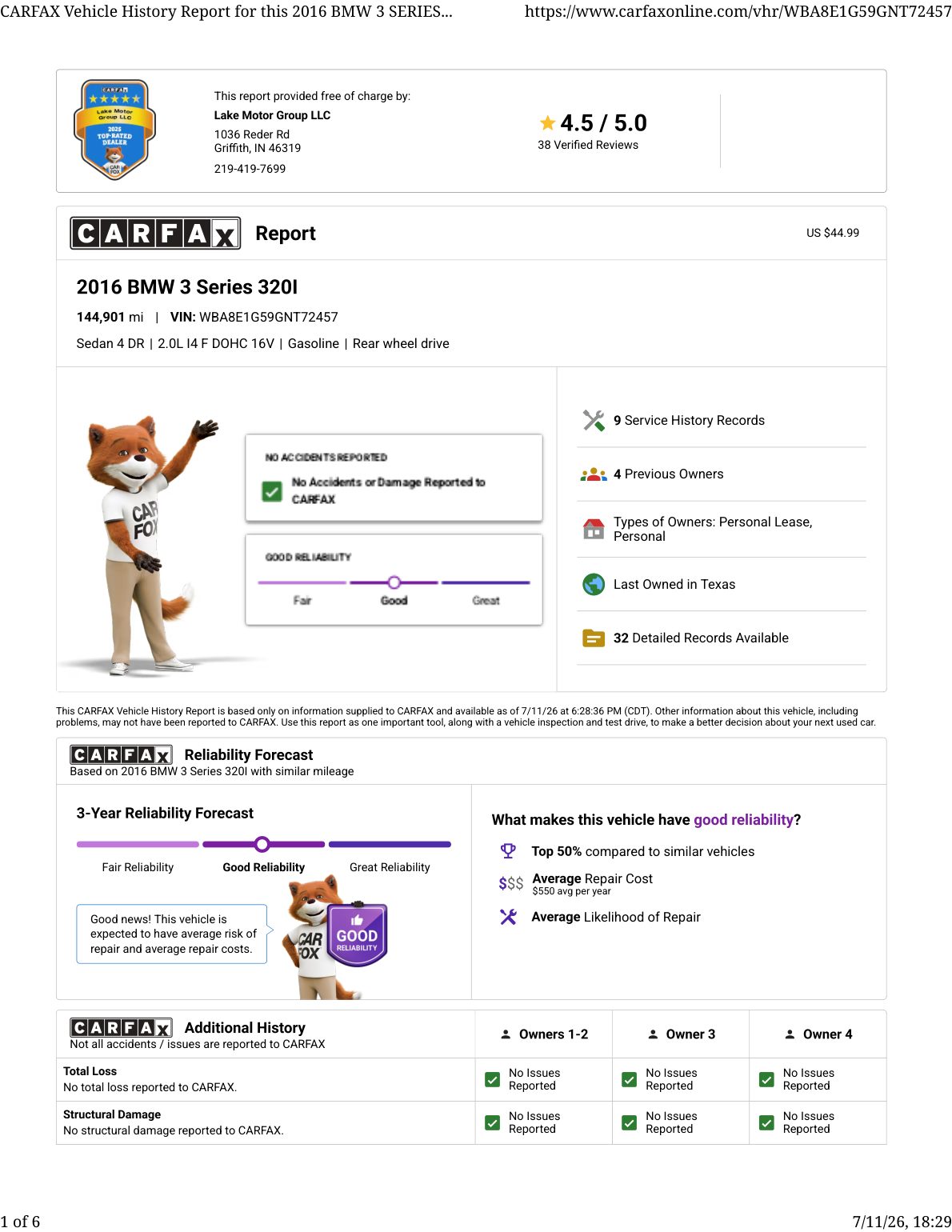 CARFAX vehicle history report — first page