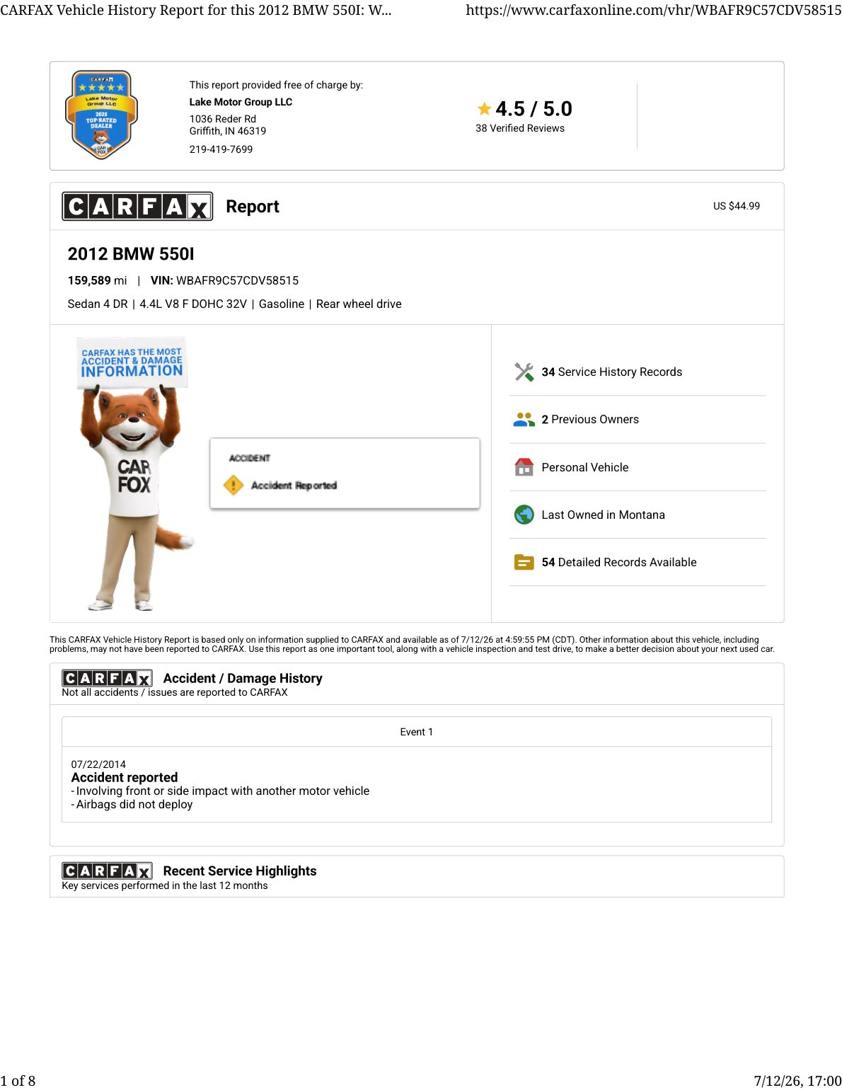 CARFAX vehicle history report — first page