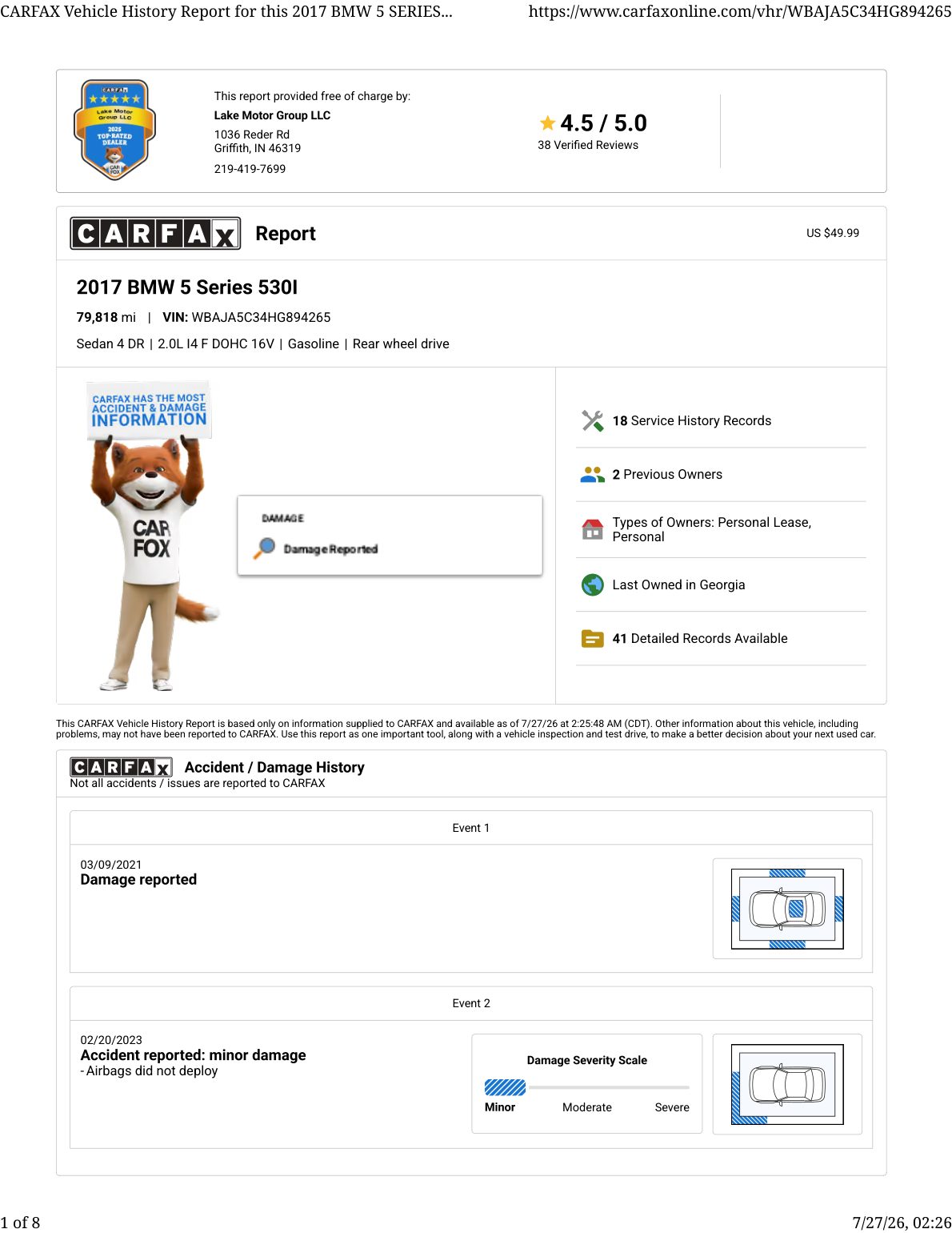 CARFAX vehicle history report — first page