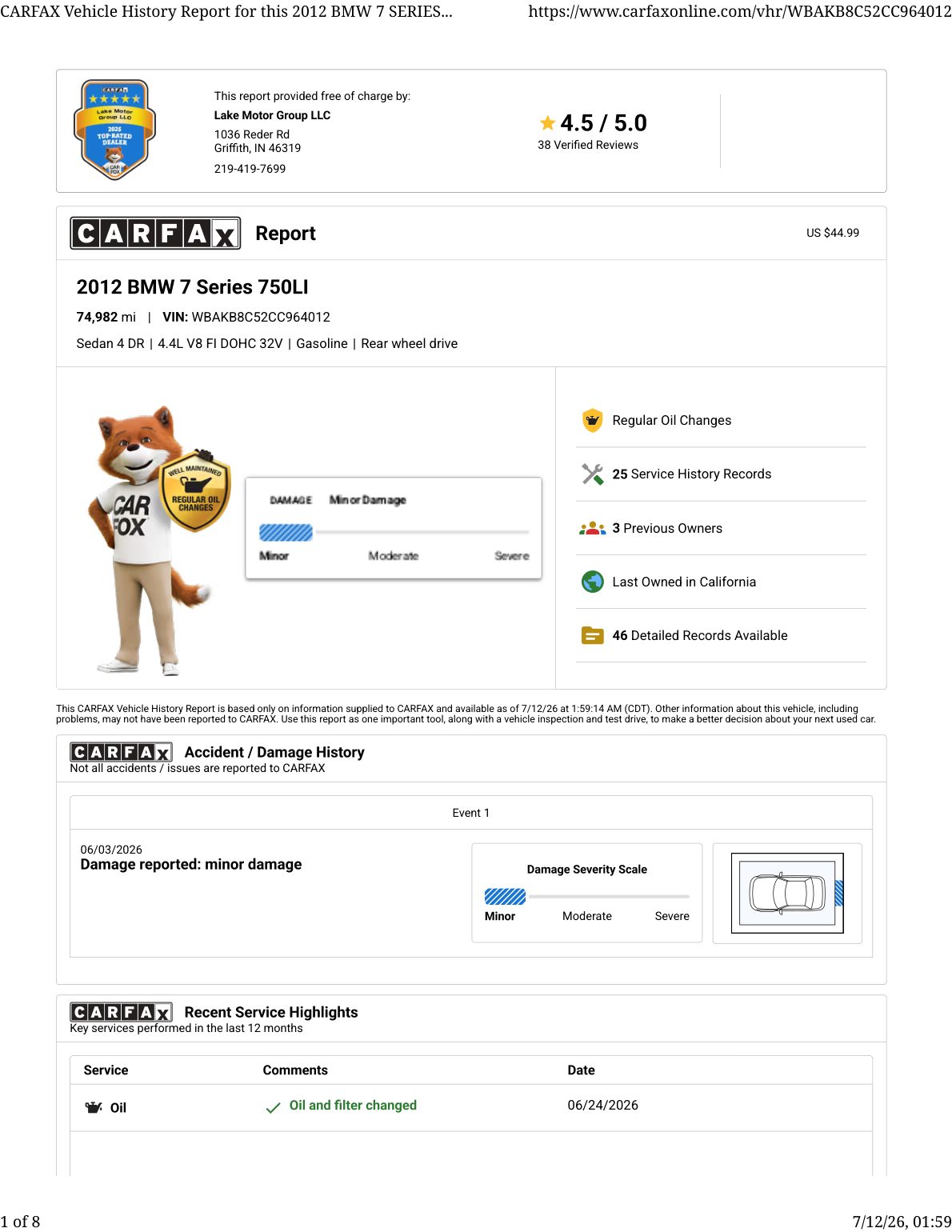 CARFAX vehicle history report — first page