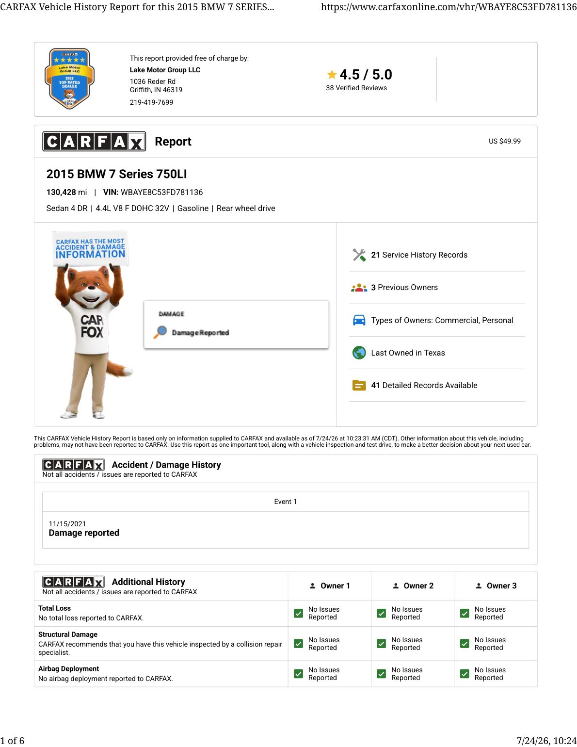 CARFAX vehicle history report — first page