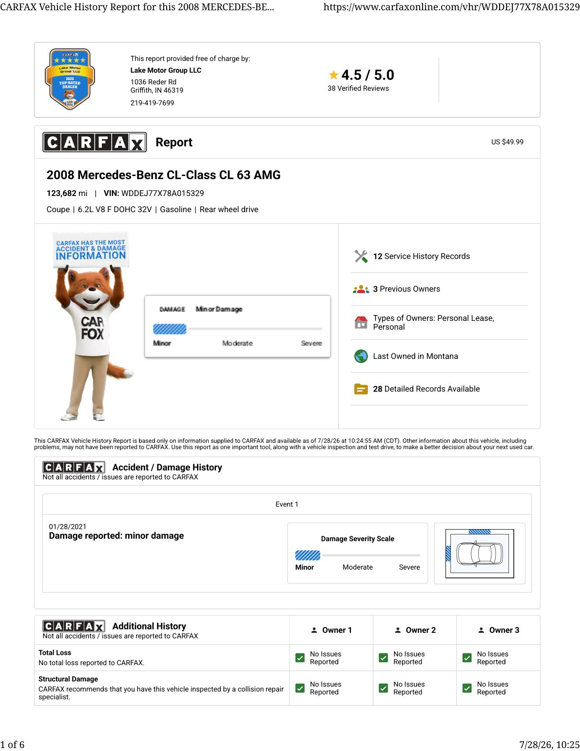CARFAX vehicle history report — first page