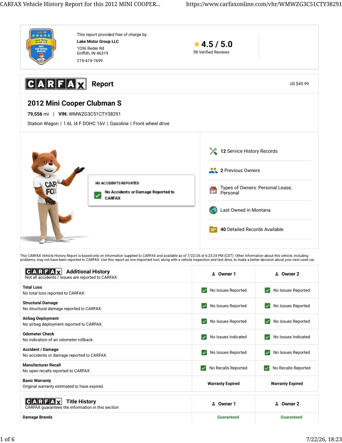 CARFAX vehicle history report — first page