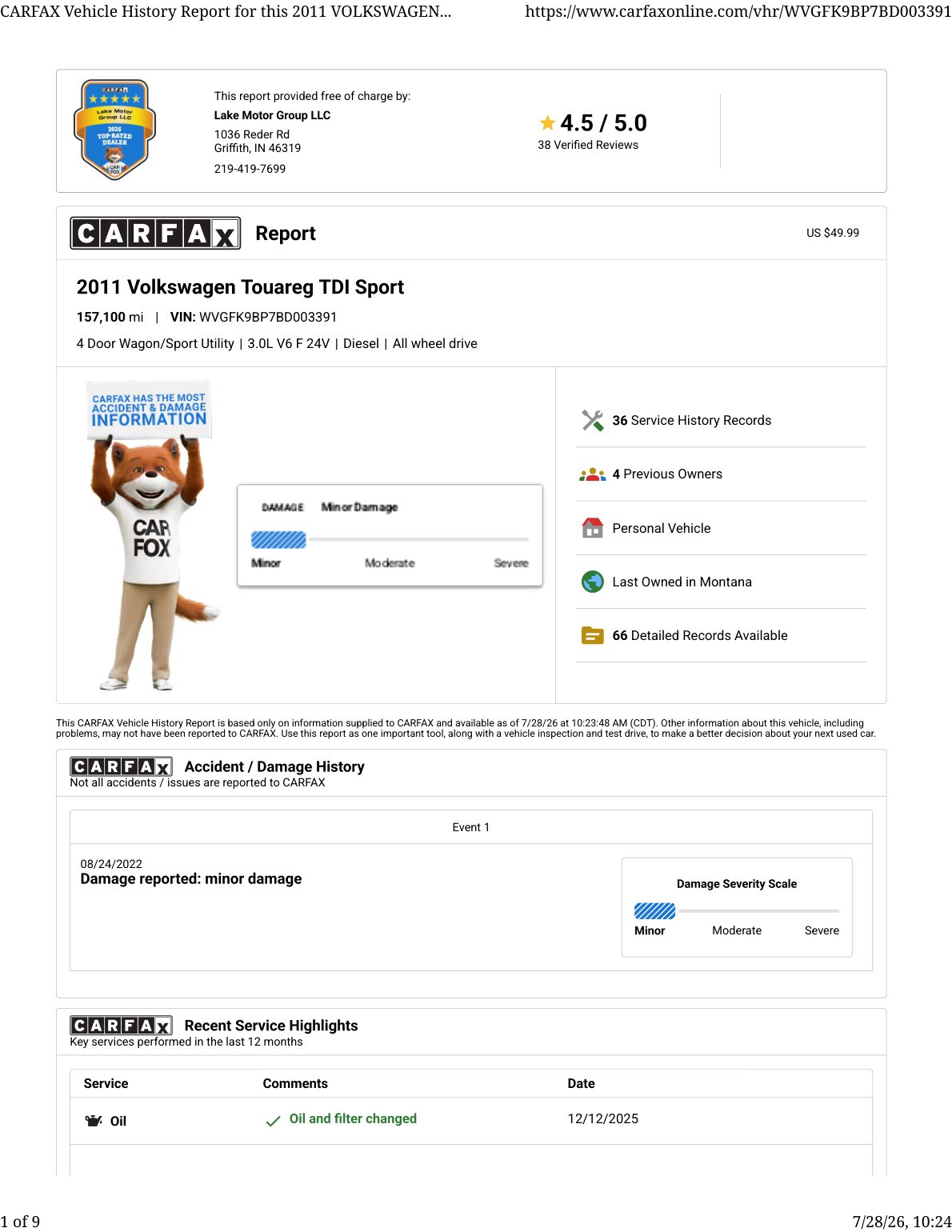 CARFAX vehicle history report — first page