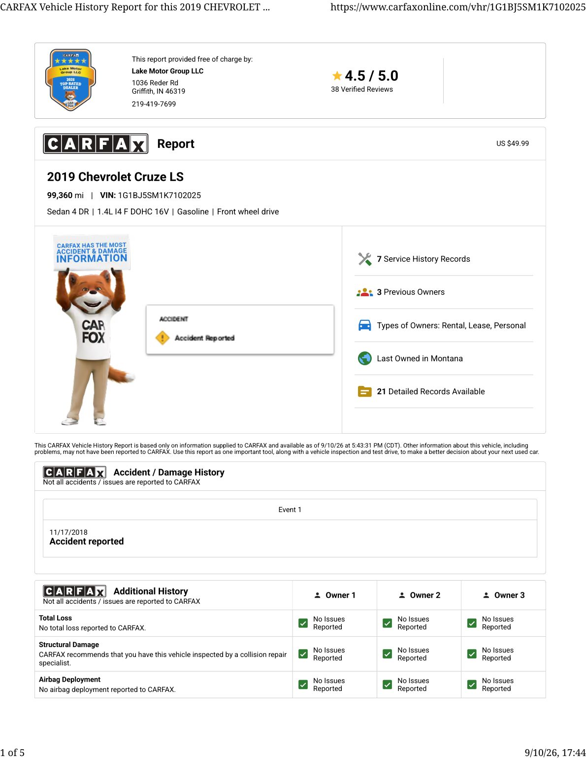 CARFAX vehicle history report — first page