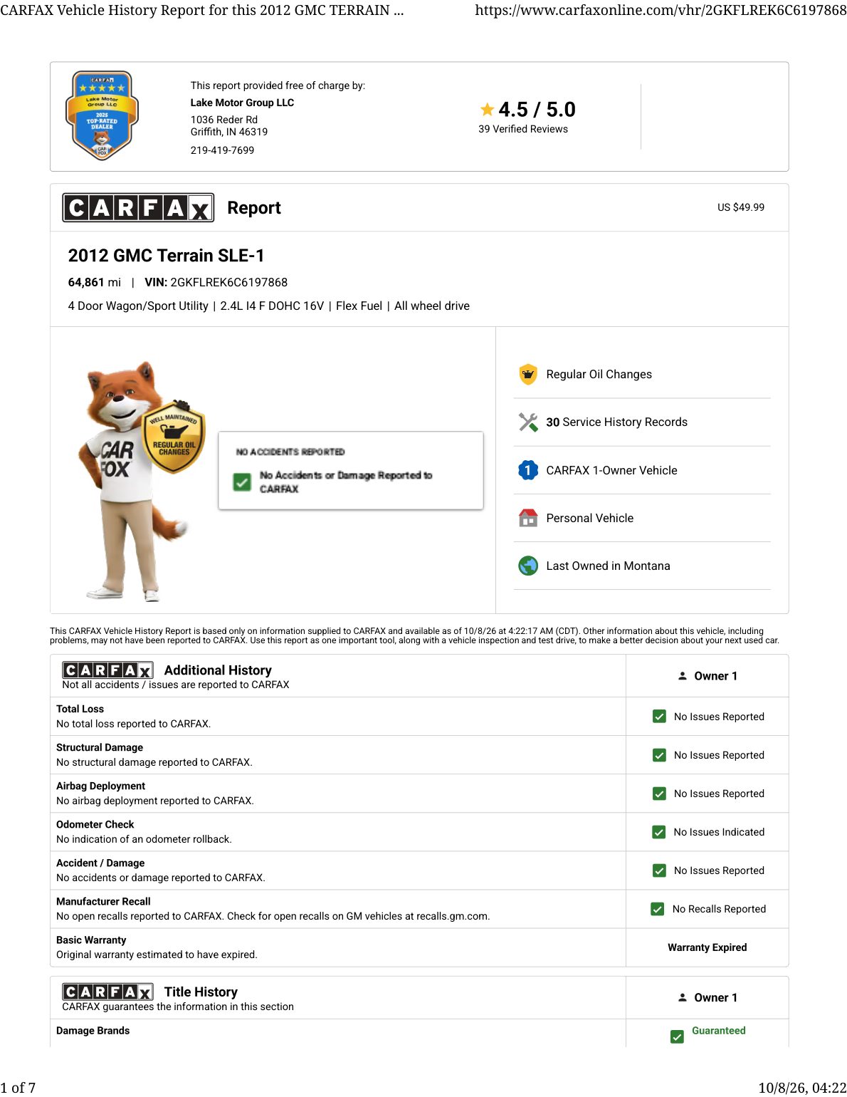 CARFAX vehicle history report — first page