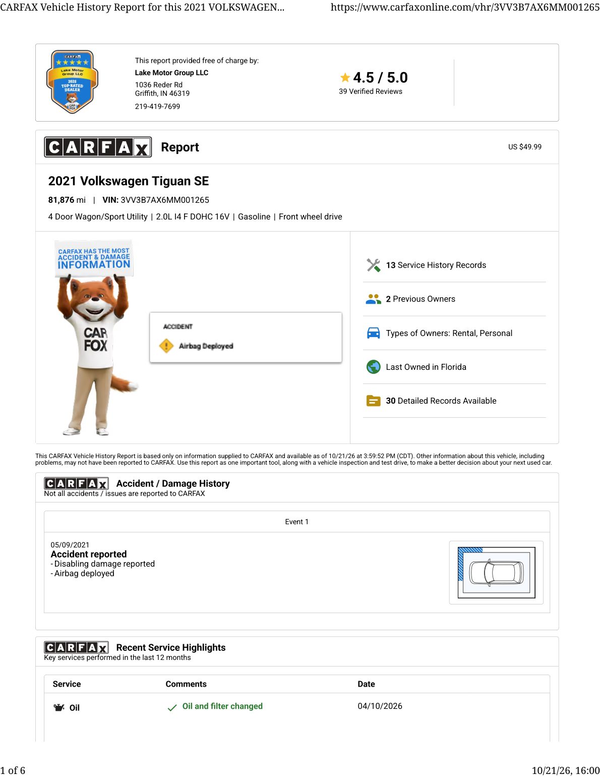 CARFAX vehicle history report — first page