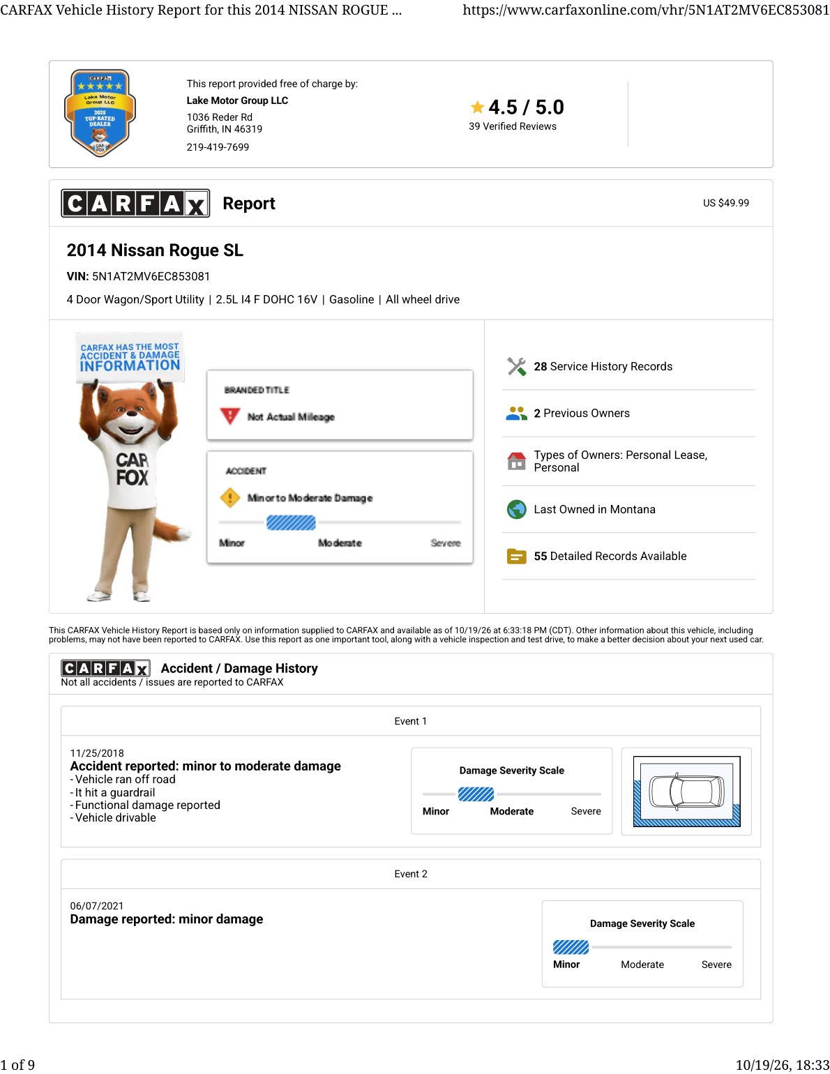 CARFAX vehicle history report — first page