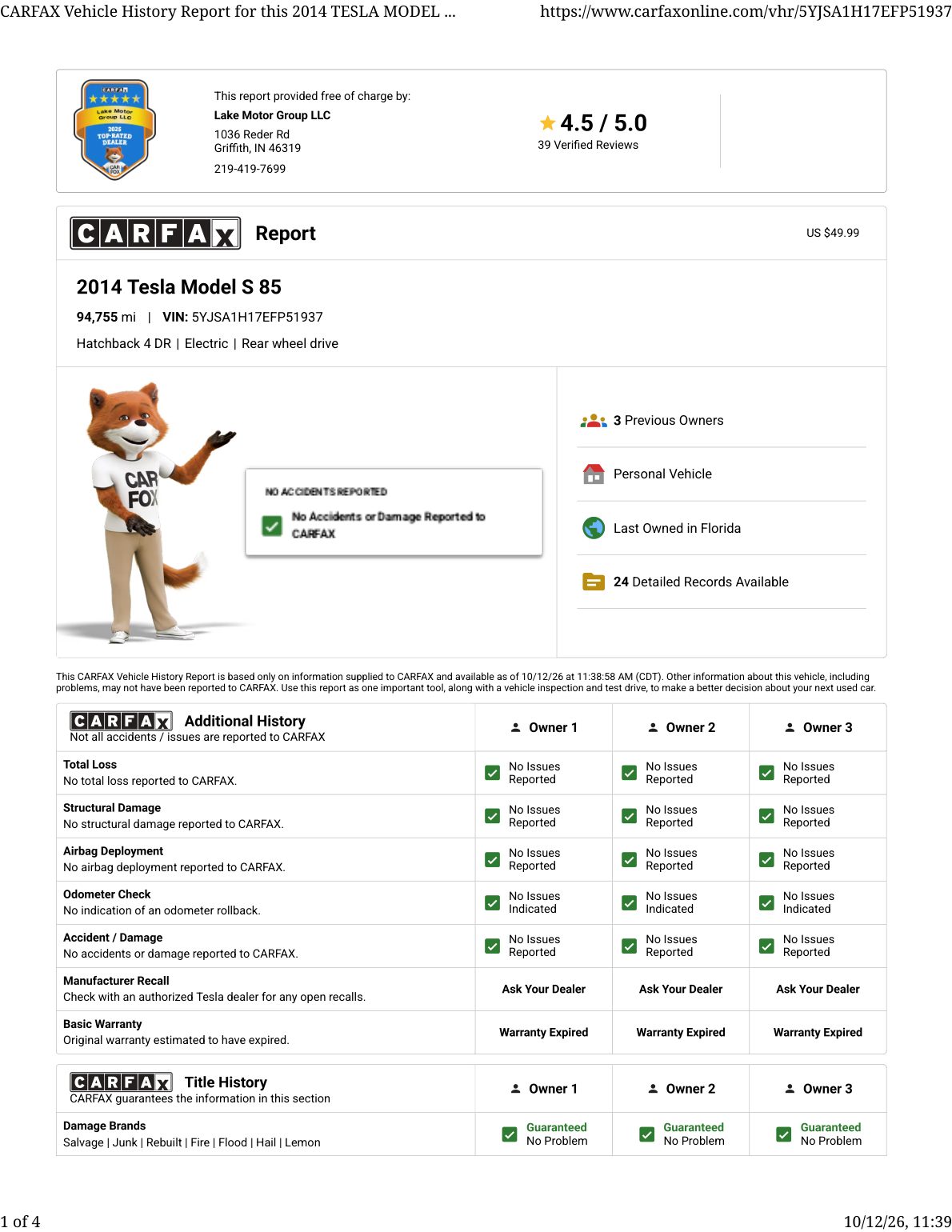 CARFAX vehicle history report — first page