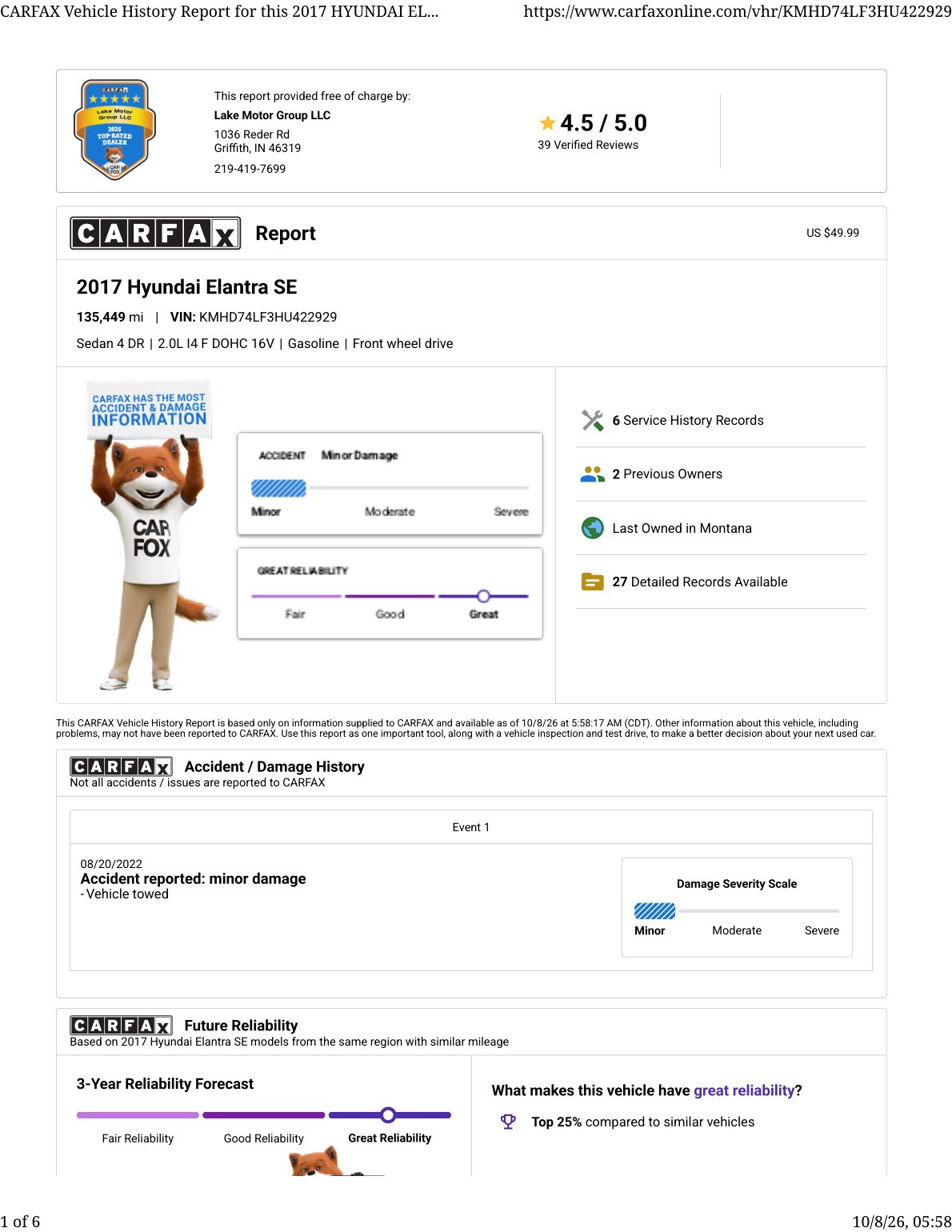 CARFAX vehicle history report — first page
