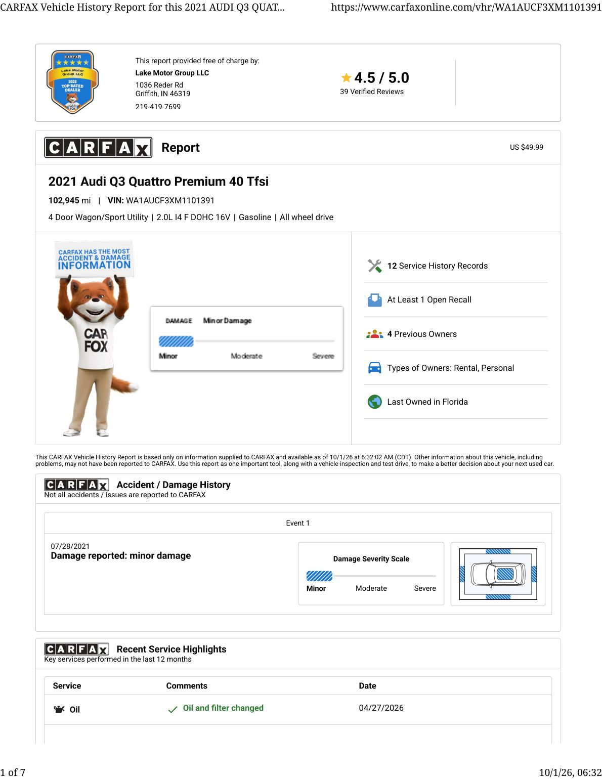 CARFAX vehicle history report — first page