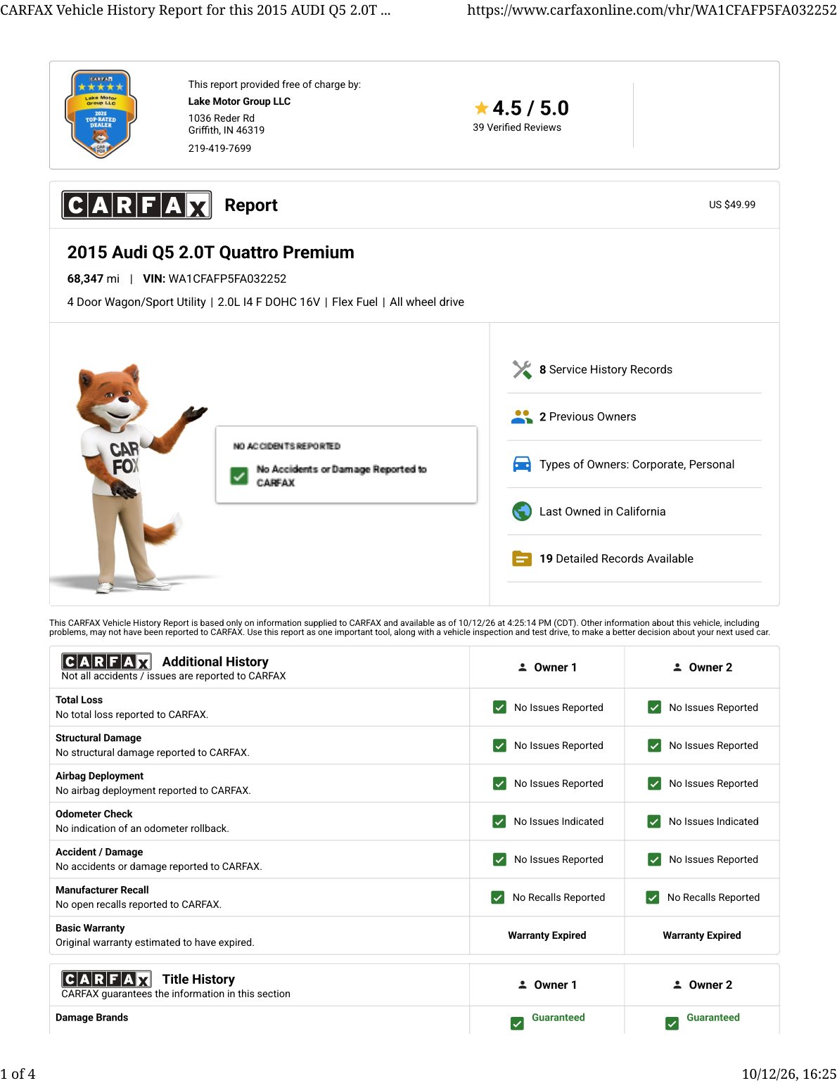 CARFAX vehicle history report — first page